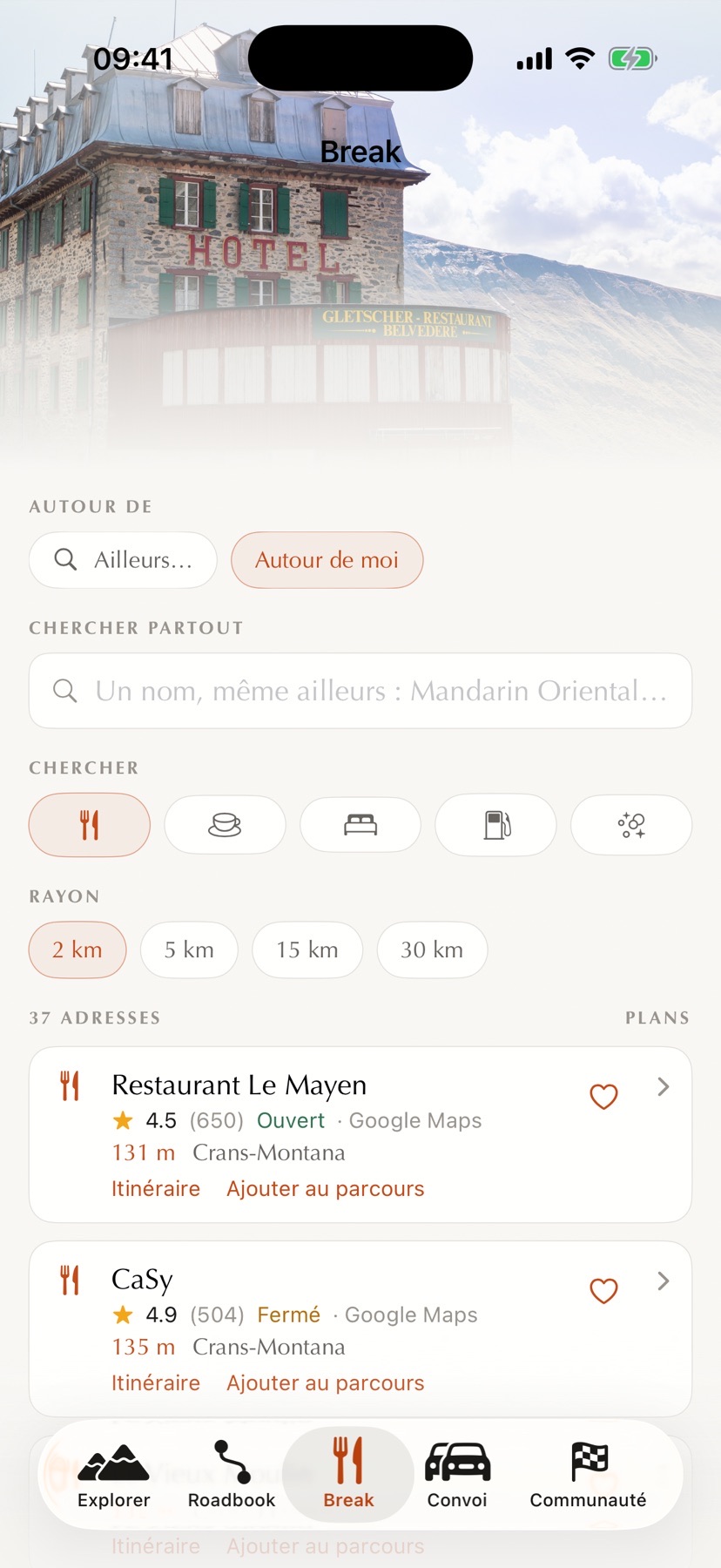 Écran Break : restaurants et cafés autour d'une étape du parcours